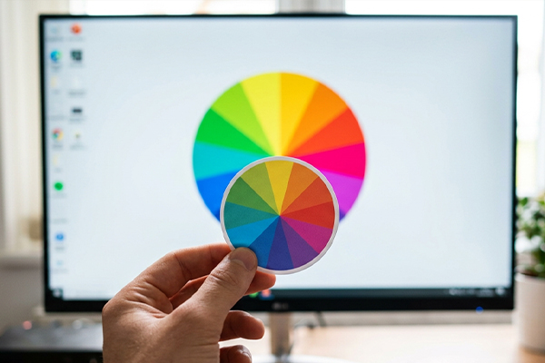 A hand is holding up a colour wheel to a computer screen. The colour wheel is also on the computer screen, shwing how the different colours work. 